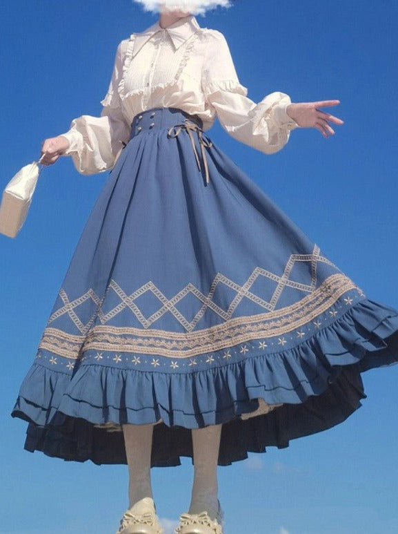 Pointed Collar Frilled Blouse + Lace-up Frilled Skirt