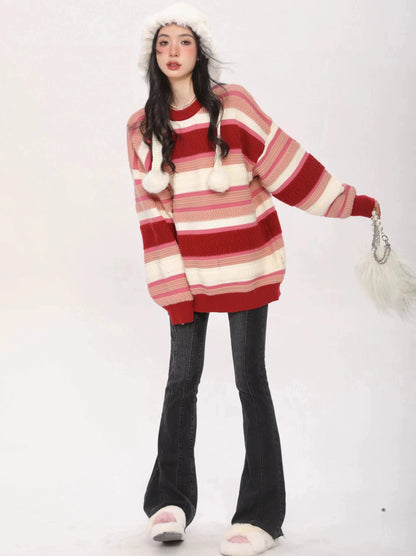 Loose Lazy Style Christmas Red Stripe Knit Sweater