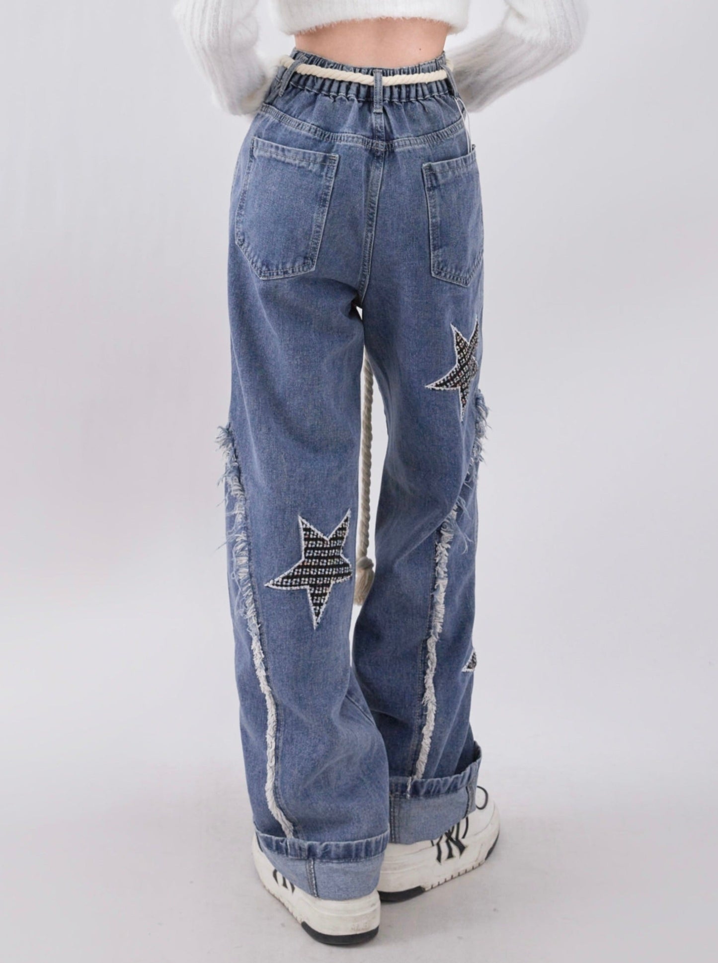 Star Design Wide Leg Straight Denim Pants