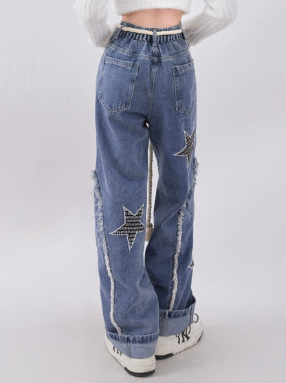 Retro Star Design Wide Leg Straight Denim