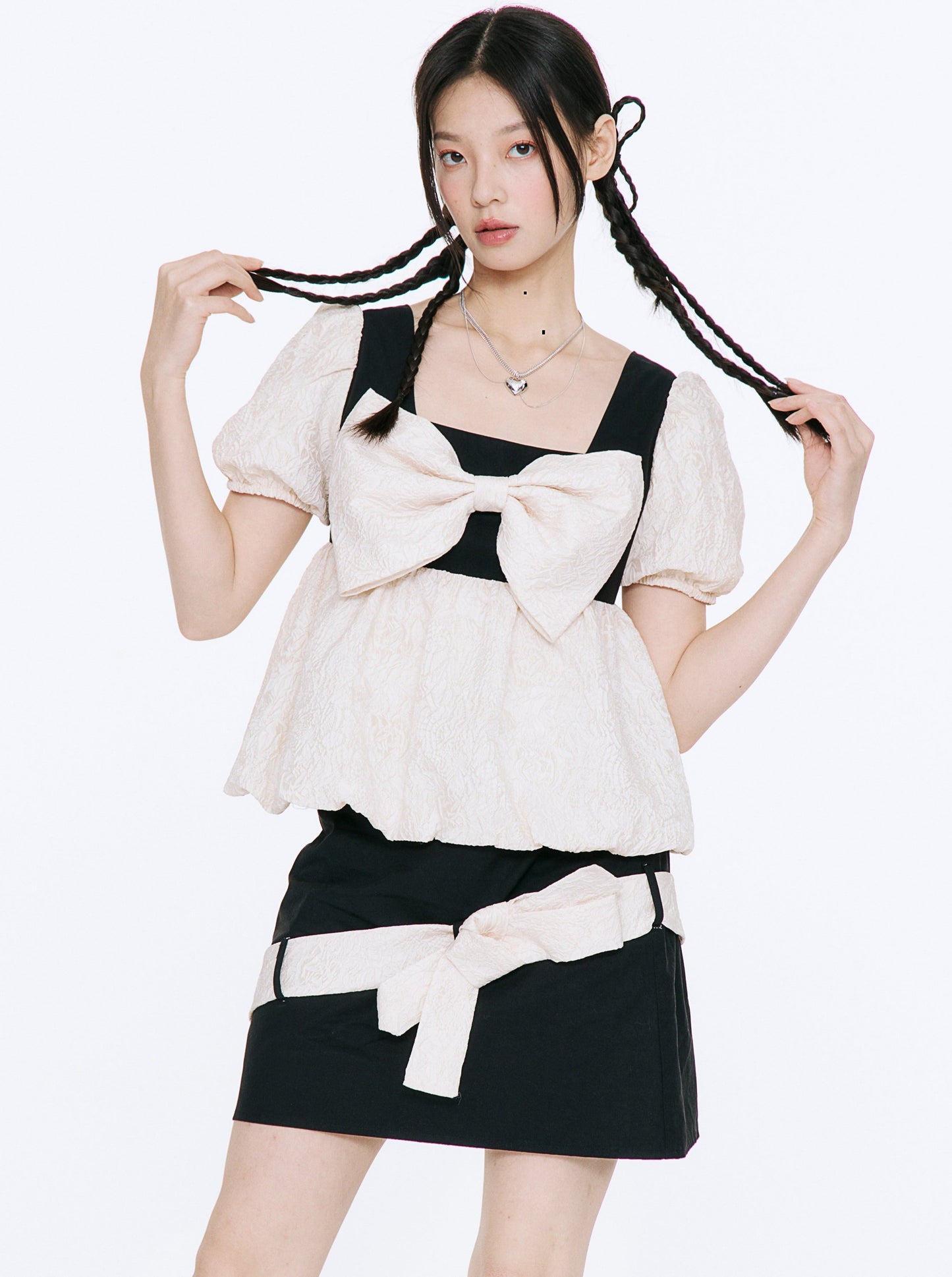 Big Ribon Puff Sleeve Tops + Ribbon Tight Skirt