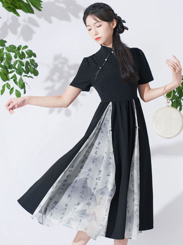 レトロバックルスタンドカラーハイウエストチャイナドレス