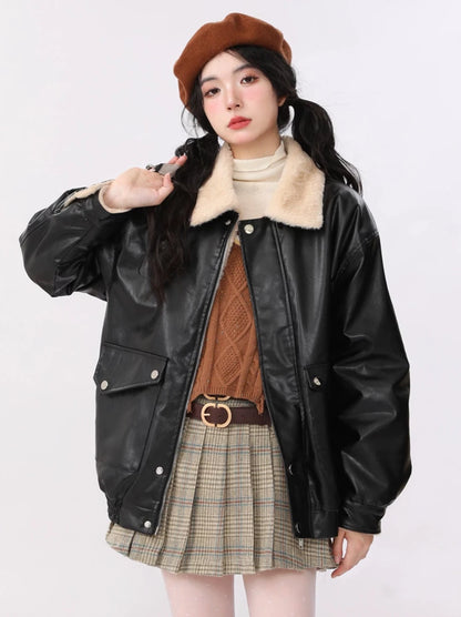 New Retro Loose Fleece Faux Leather Lamb Wool Jacket