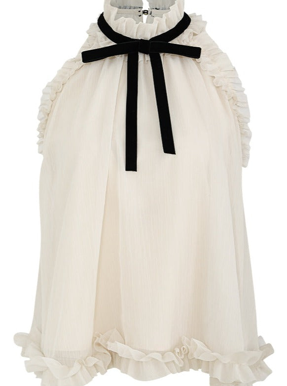 フレンチエレガントリボンノースリーブブラウス