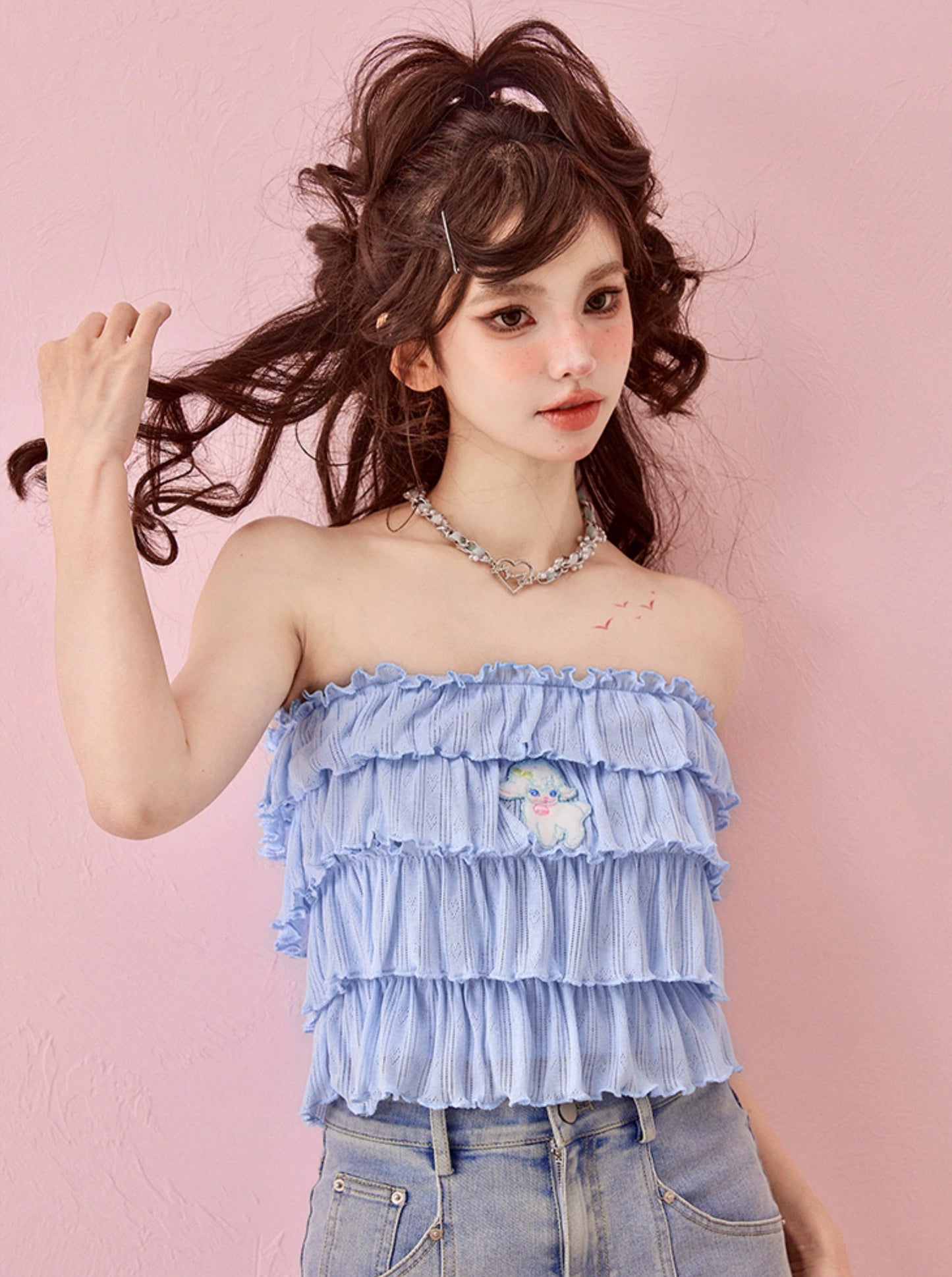 Milk blue cake lace tube tops