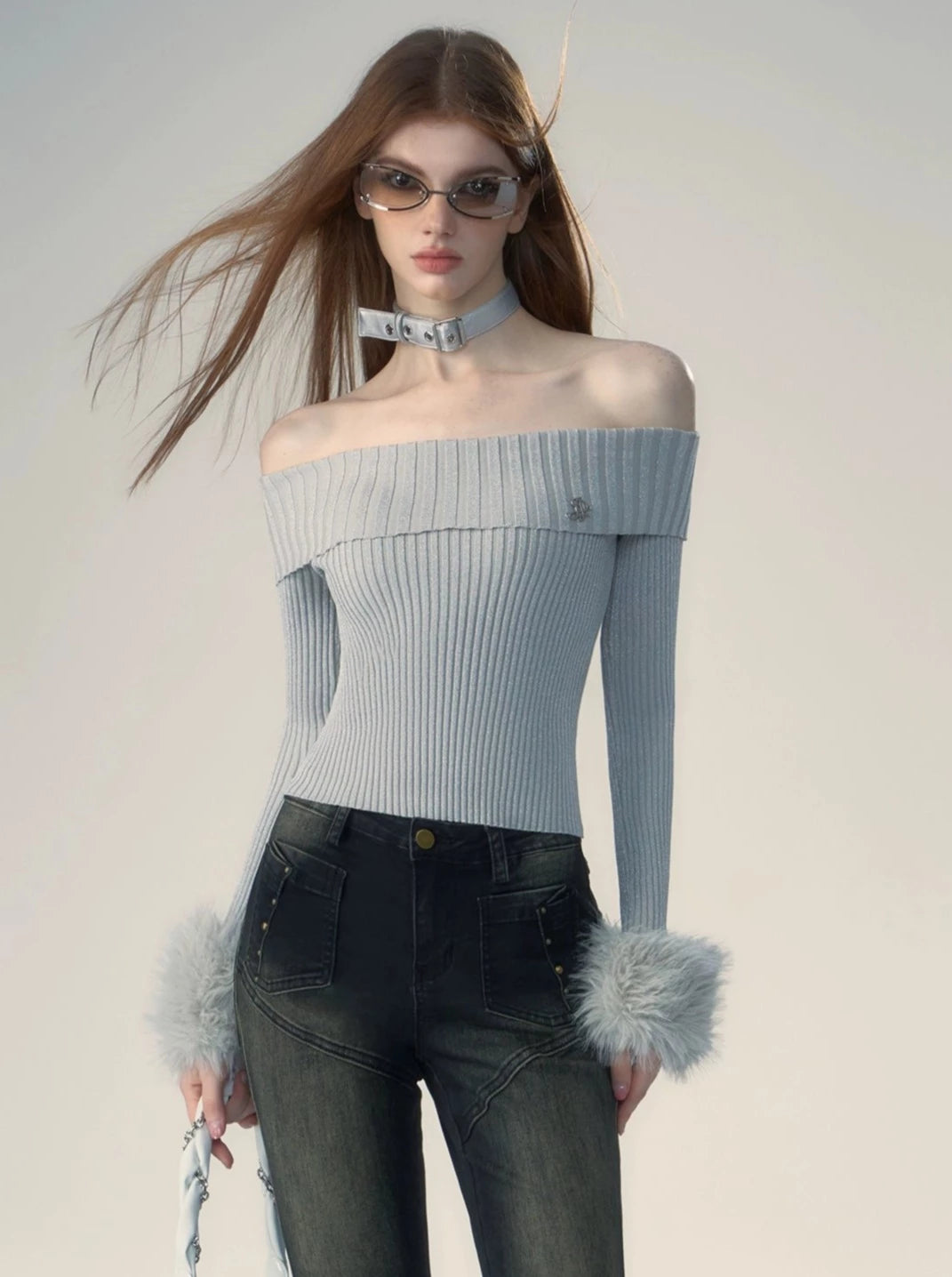 Tightly ribbed off-the-shoulder fur top