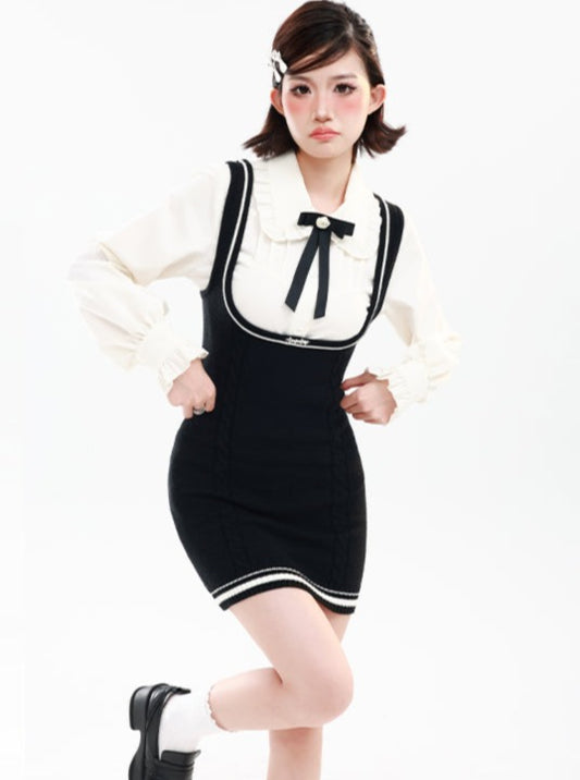 Ribbon frilled blouse + knit suspender skirt