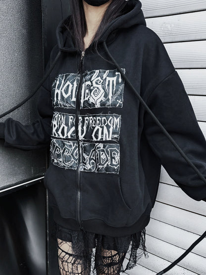 Punk Rock Print Loose Zip Hoodie