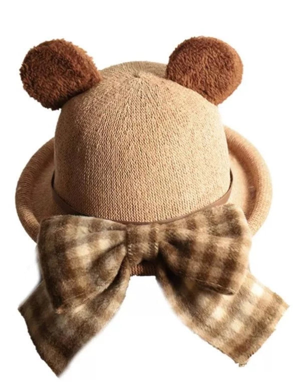 小熊卷曲格纹缎带帽