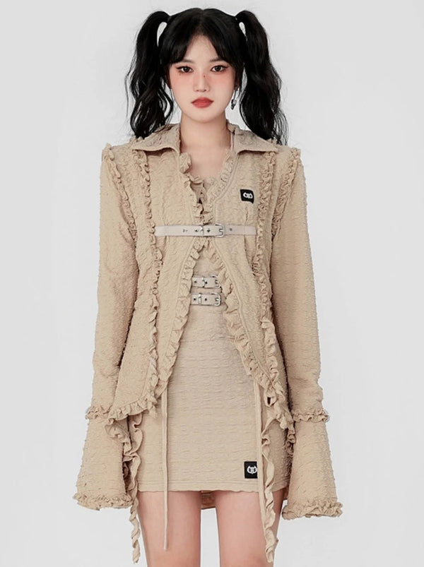 Multi-Lace Design Trumpet Sleeveless Belt Jacket