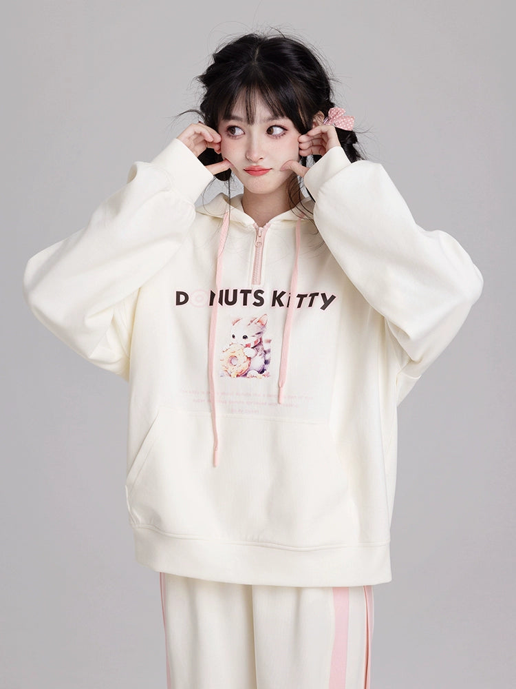 Salted fish wardrobe donut cat white hooded sweatshirt women's spring and autumn 2023 new sweet little man top