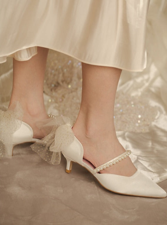 Pearl back mesh ribbon shoes