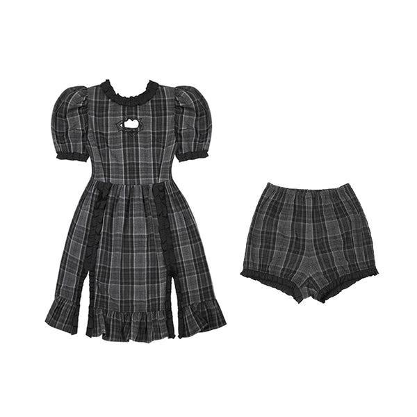 チェックパフスリーブフリルスプリットワンピース＋ショートパンツ