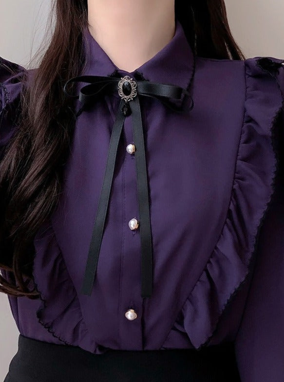 Classical button ribbon blouse