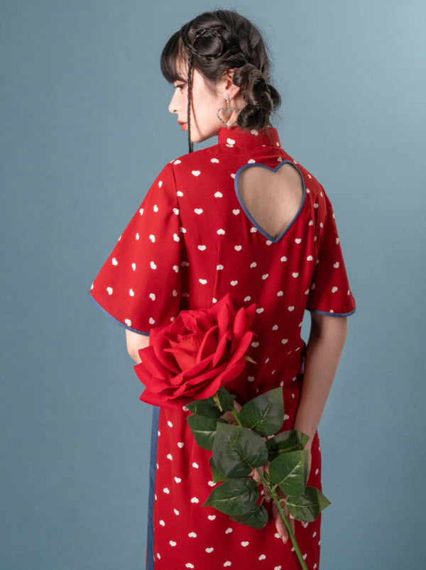 Back Open Love Denim Element Stand Collar Chinese Dress