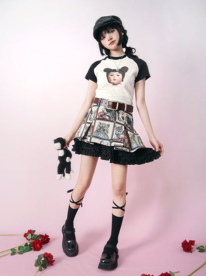 Retro Cat Jacquard frill stitch lace A line skirt