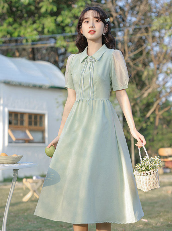 Sheer Puff Sleeve French Ribbon Dress