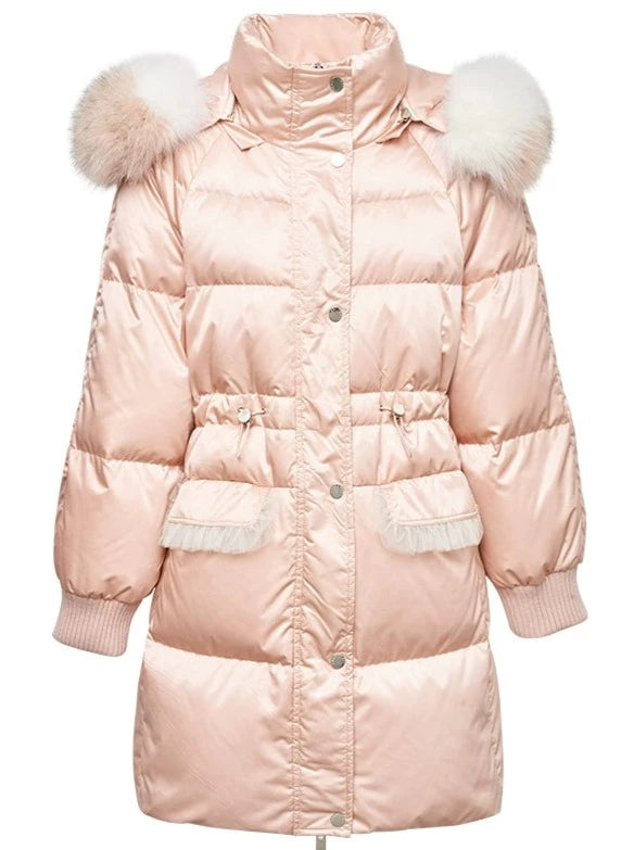 Pink Mid Length Fox Fur White Duck Down Jacket