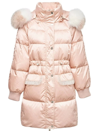 Pink Mid Length Fox Fur White Duck Down Jacket