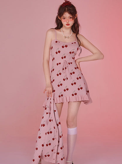 Cherry -skirt pink knit card gun knit suspender dress setup