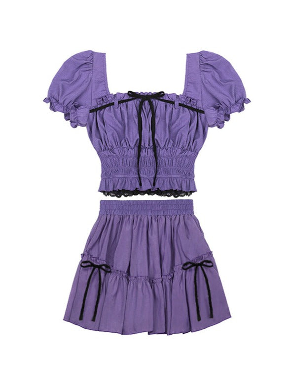 シフォンウエストスクエアカラーパフスリーブプリンセスセットアップ