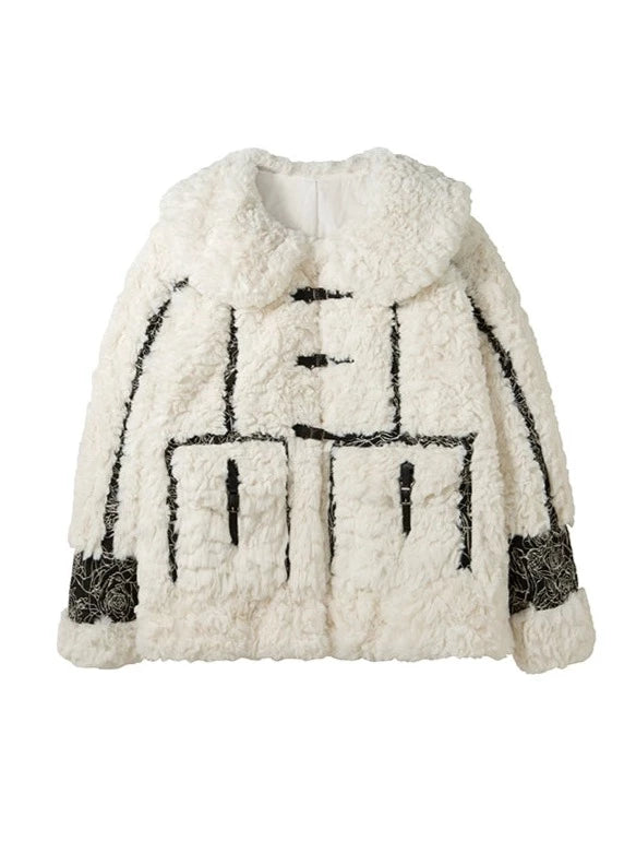 High Neck Color Jacquard Seam Fur Coat