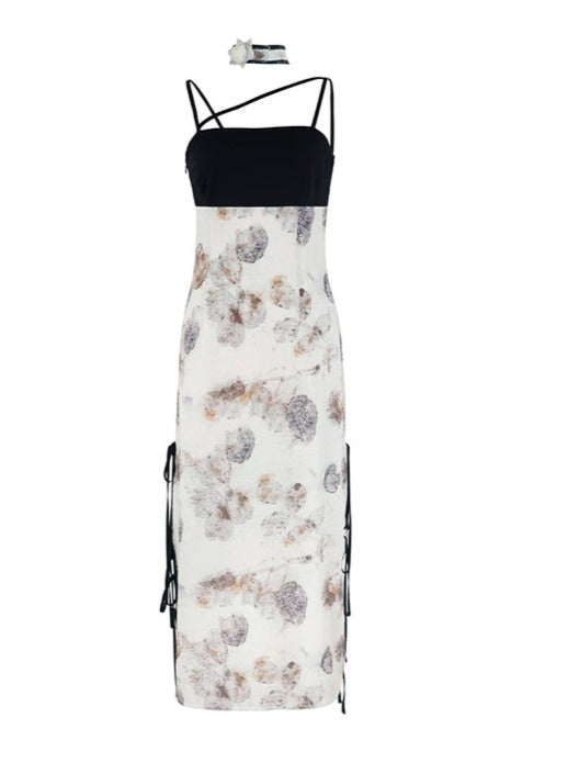 Slit Print Suspender Skirt Dress