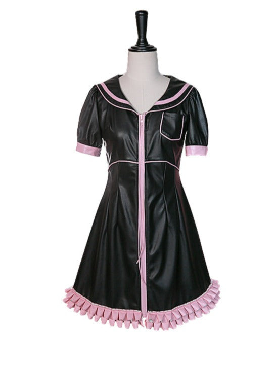 Navy Color Slim Vest Leather Dress 