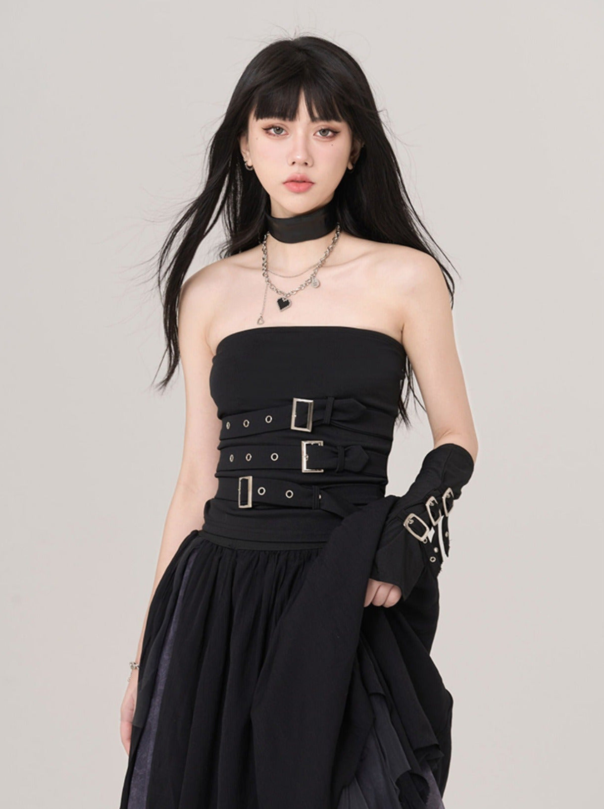 Dark Cool Buckle Tube Top + Arm Cover