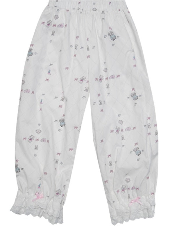 Milky Hearts Cute Print Ribbon Home Middle Loungewear