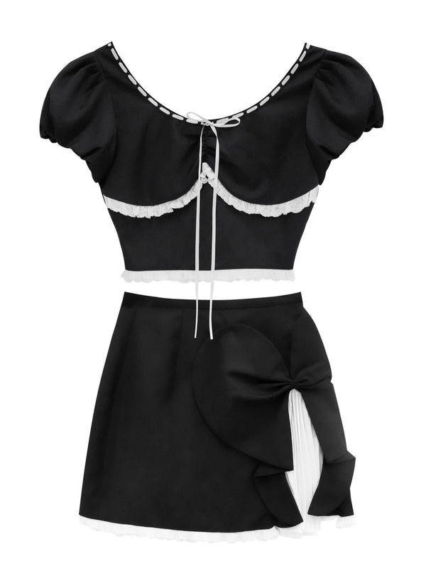Romantic Black White Stitch Ribbon Top + Heart Split Layered Skirt Setup