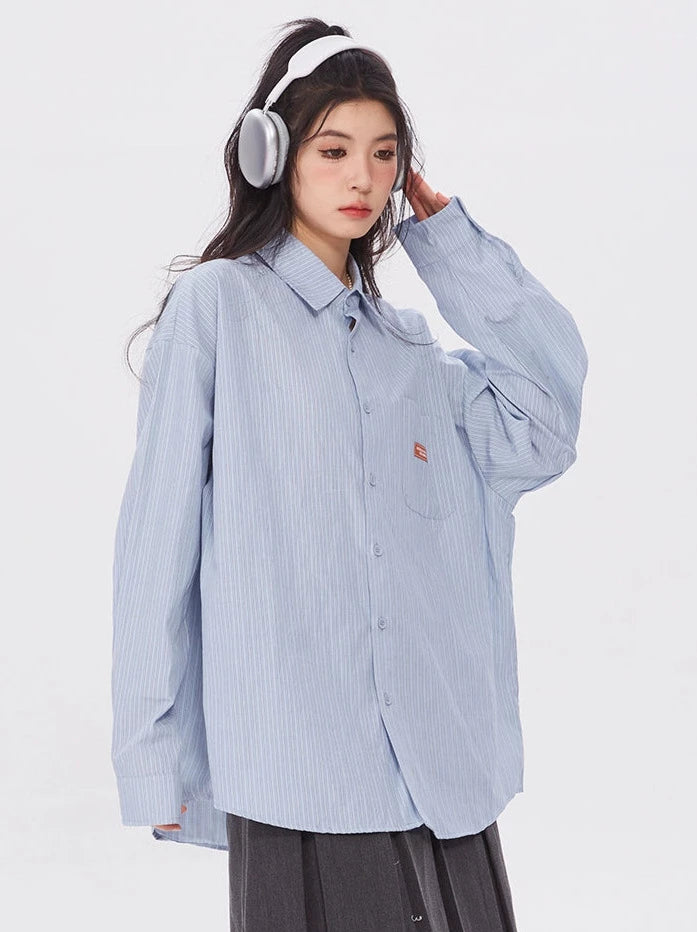 Loose Polo Collar Blue Stripe Shirt