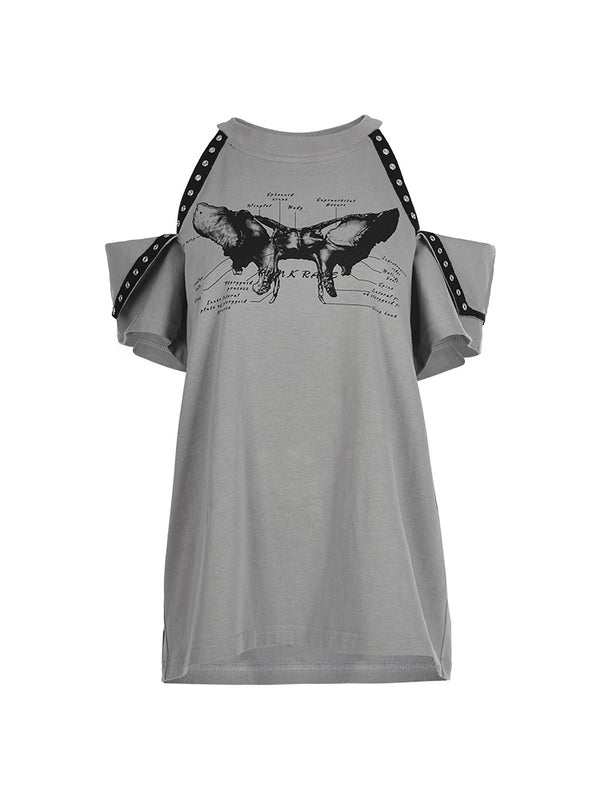 オフショルダーバタフライフレンチスリーブTシャツ