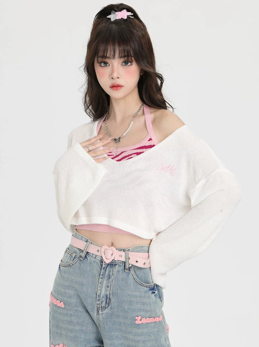 ENJOG American suspender knit long sleeve blouse 2023 spring and autumn 2023 new hot girl cropped top two-piece