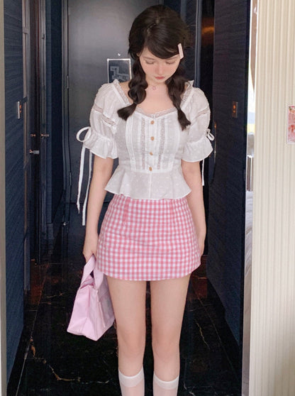 White lace shirt tops + pink check culottes