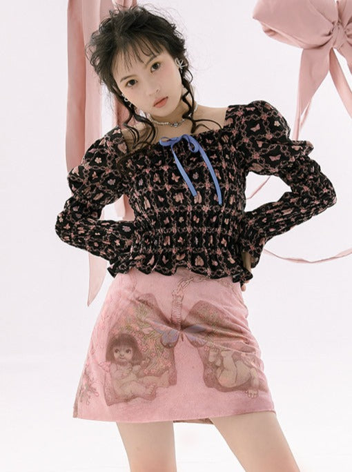 Butterfly Pin Cusque Air Neck Puff Sleeves Tops