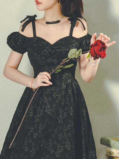 French Style Off Shoulder Ribbon Flower Embossed Black Dress