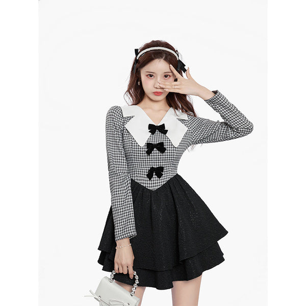 チェックリボンフレンチワンピース