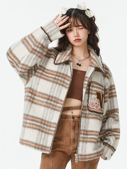 Brown Check Retro College Style Jacket