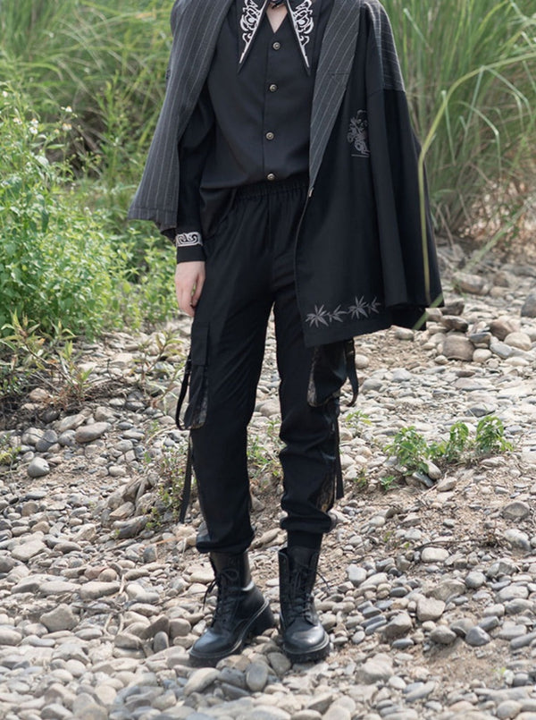 ハイウエストスリムカジュアルビームワークウェアストレートレッグパンツ