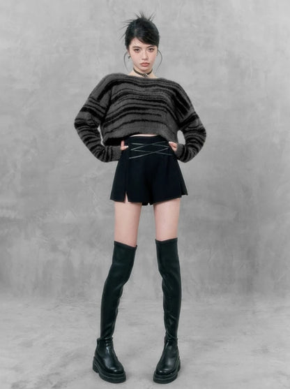 Striped Mink Velvet Pullover Short Knit Sweater