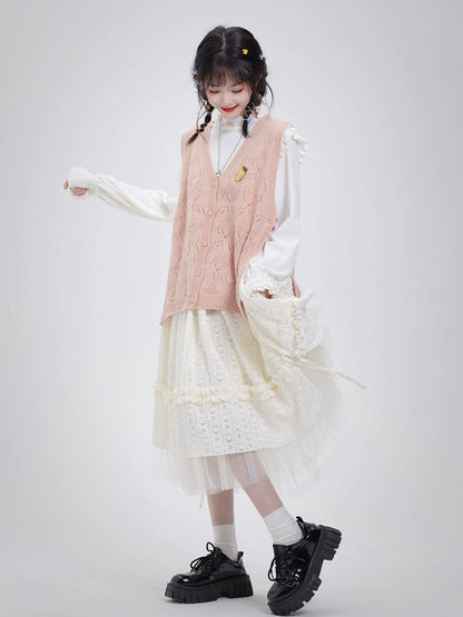 Salted fish wardrobe heart-shaped openwork white skirt women's autumn small mid-length high-waisted thin A-line skirt