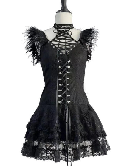 Note Dark Gothic Black Feather Sling Dress 