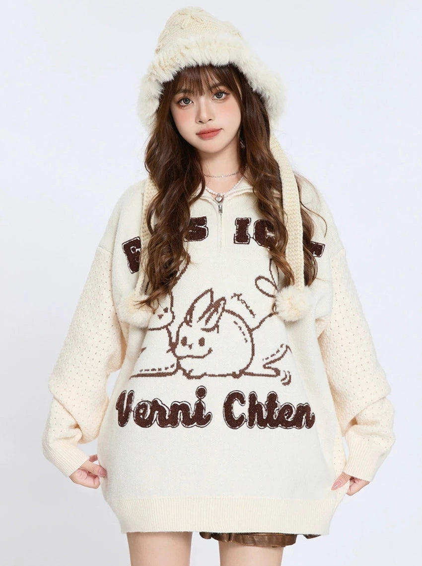 American Retro Rabbit Jacquard Lapel Sweater Knit