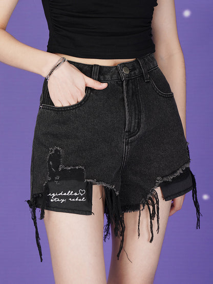 Letter Logo Heart Crush Black Denim Shorts