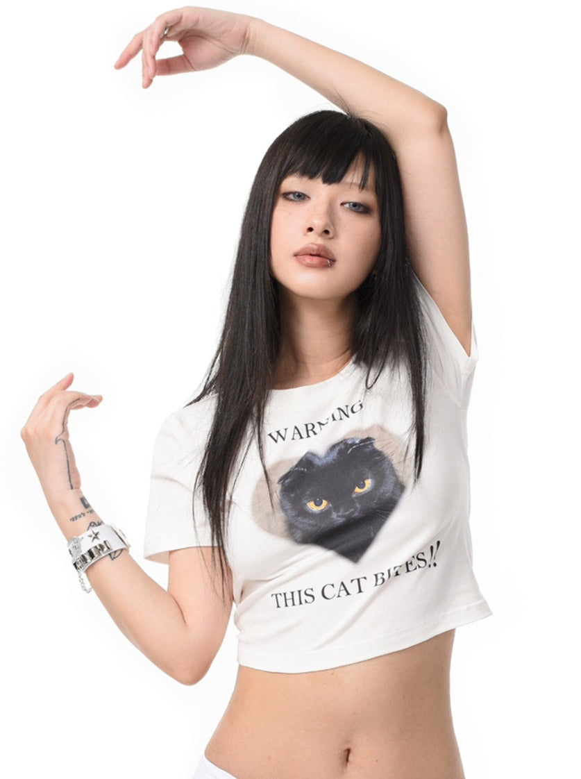 Slim Dark Cat Print T -shirt