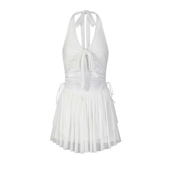 バレエホワイトドレーププリーツホルターネックドレス