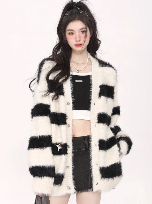 AONW national tide homemade tide brand imitation mink wool cardigan sweater loose all-match striped knitted top lazy coat