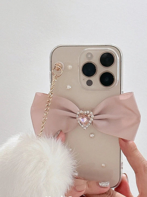 Girly rabbit fur ball pendant ribbon rhinestone phone case