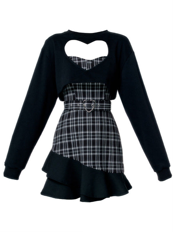 Open Heart Short Tops + Check Frill Cami Dress